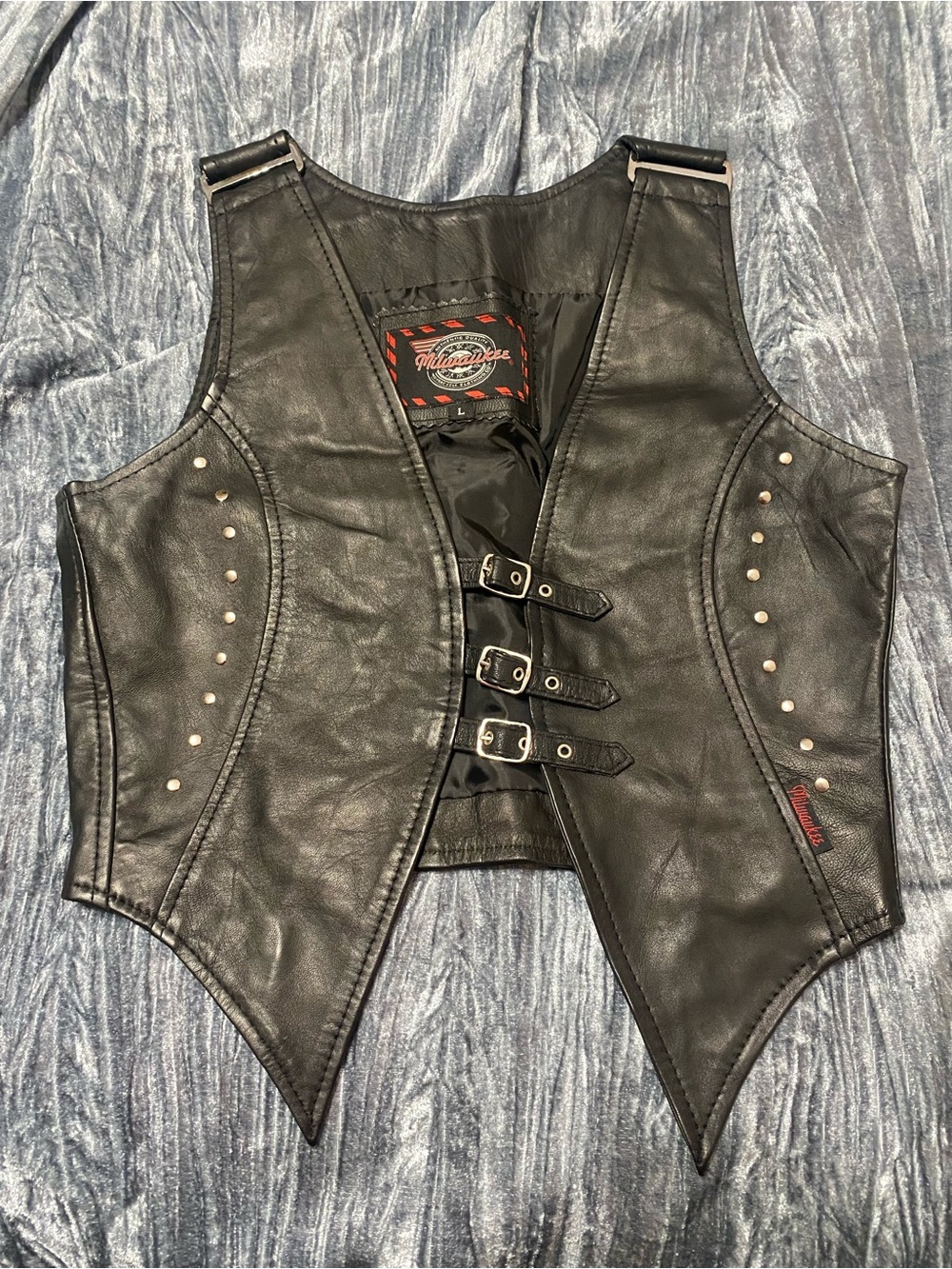 Women's Black Studded Genuine Leather Buckle Vest by Milwaukee